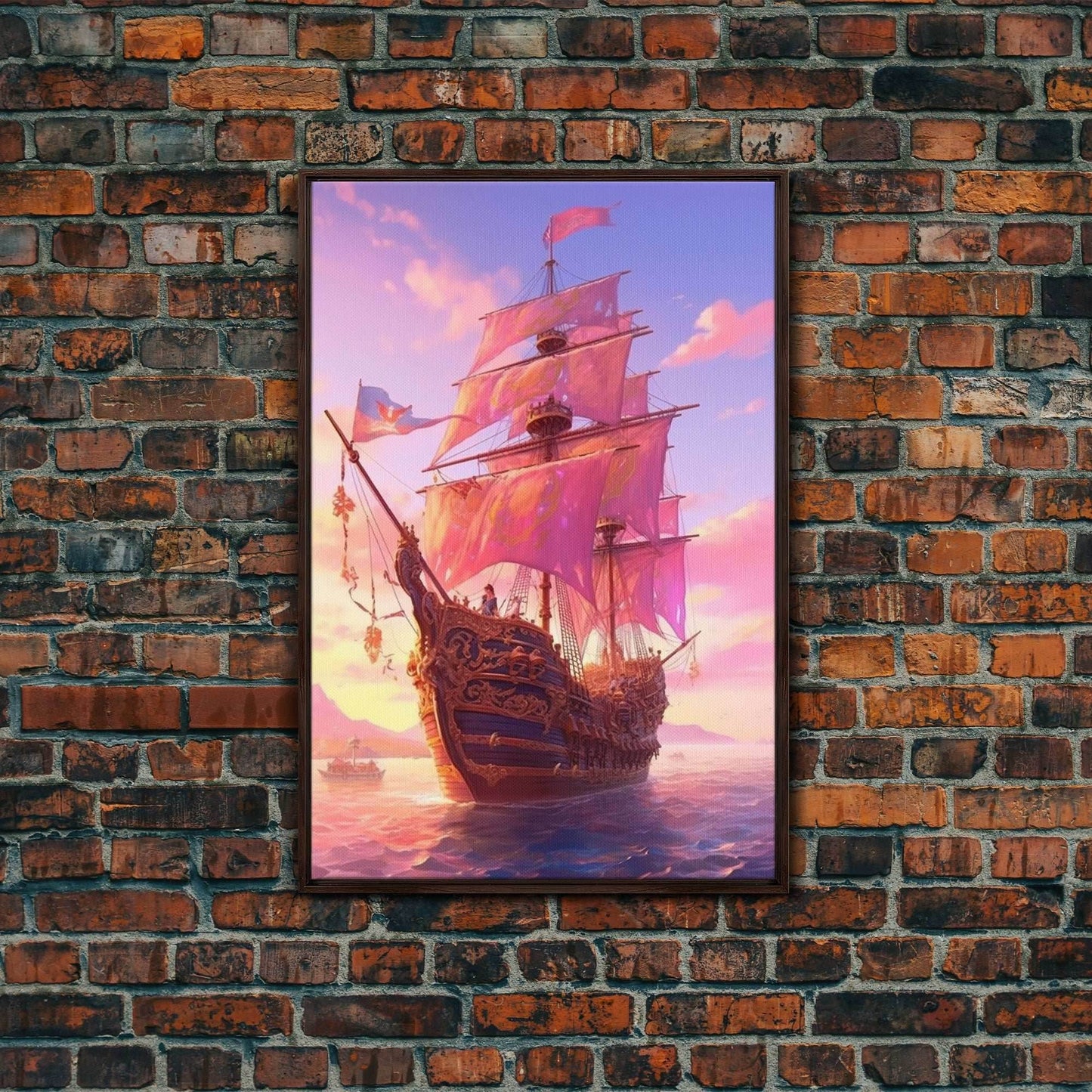 Gothic Pirate Ship at Sunset, Framed Canvas Print, Fantasy Wall Art, Wall Decor, Pirate Wal Art, Gift For Him, Kid's Room Art - 8x12 Inches / Walnut Frame