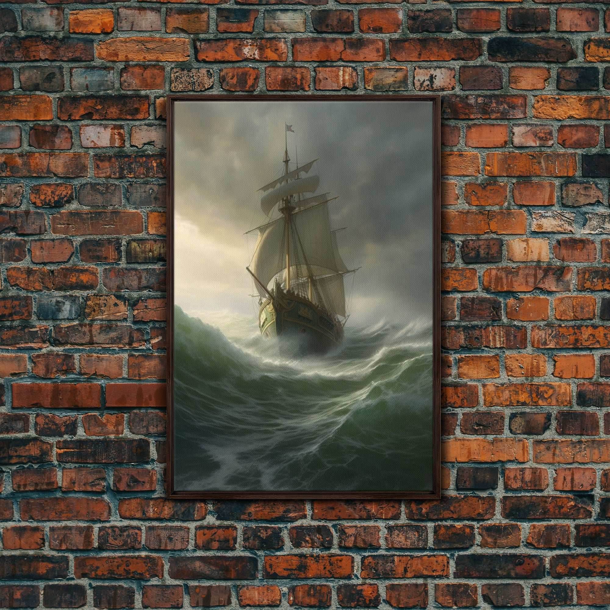 Haunted Pirate Ghost Ship On Rough Seas, Framed Canvas Print, Fantasy Wall Art, Wall Decor, Pirate Wal Art, Gift For Him, Kid's Room - 8x12 Inches / Walnut Frame