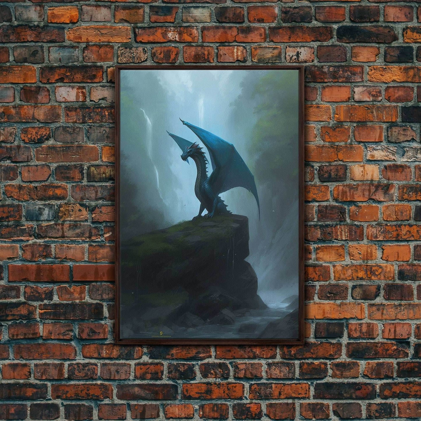 Majestic Forest Dragon Wall Art, Framed Canvas Print, Dragon Fantasy Painting, Forest Dragon Behind Secret Waterfalls Abstract Fantasy Art - 8x12 Inches / Walnut Frame