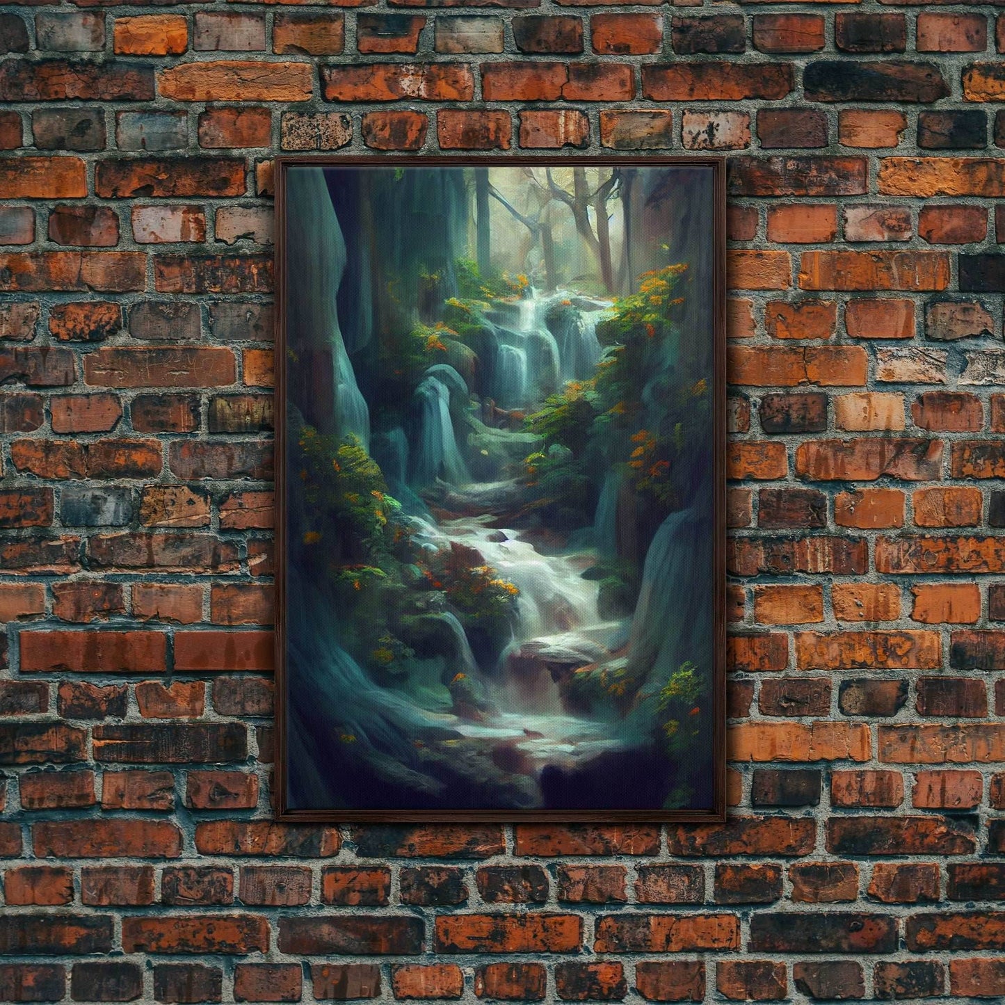 Waterfall painting canvas print, fantasy wall art, watercolor print, high fantasy, nature landscape wall art for living room - 8x12 Inches / Walnut Frame