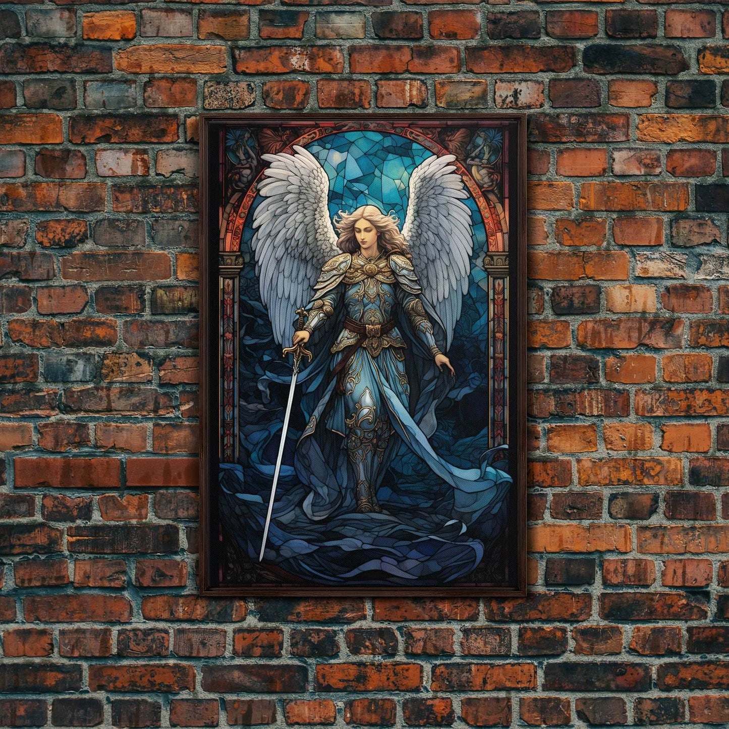 Angel, Angel Warrior, Fantasy Art, Canvas Print, Wall Hanging, Portrait Art, Stained Glass Art, Christian Wall Decor, Country Wall Art - 8x12 Inches / Walnut Frame