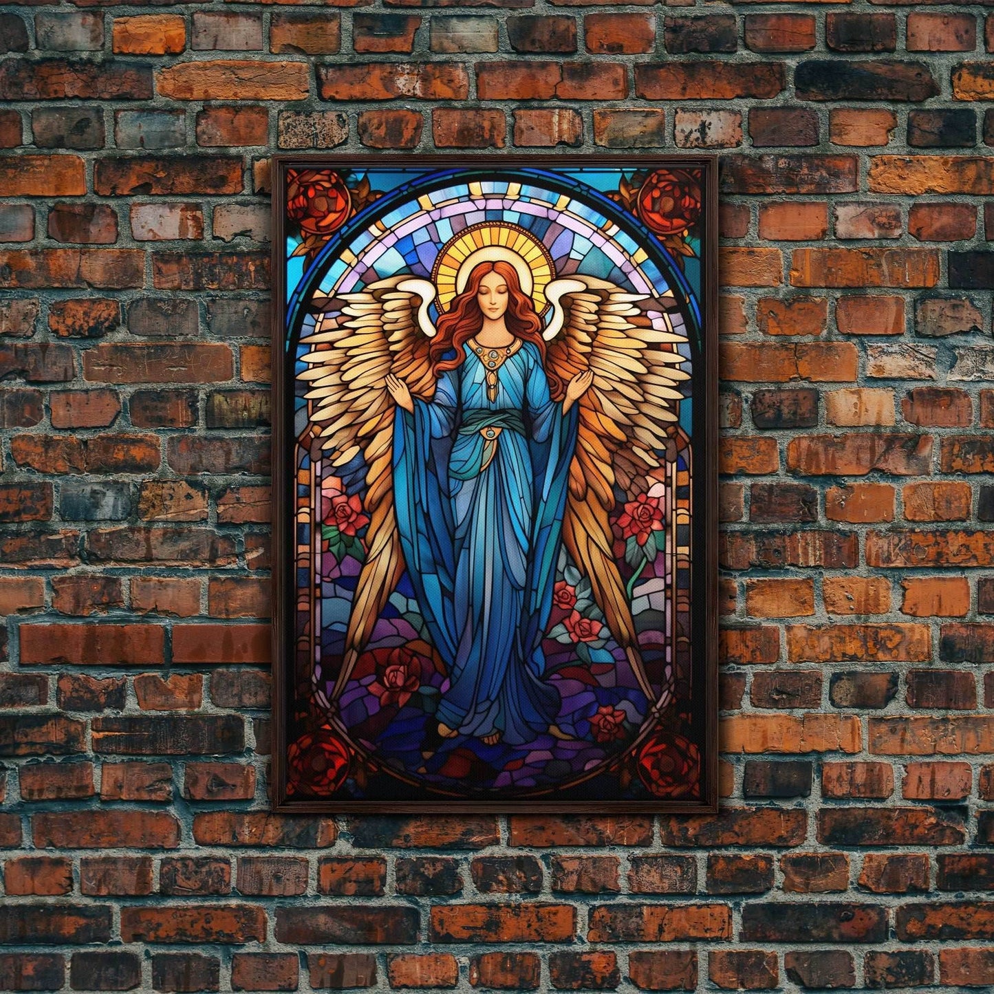 Angel, Fantasy Artwork Canvas Print, Wall Hanging, Portrait Art, Stained Glass Art, Mystical Wall Art, Tiny House Decor, Gift For Women - 8x12 Inches / Walnut Frame