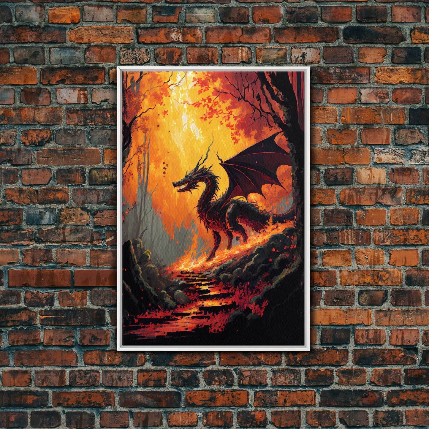Fiery Dragon Burning Down Forest Canvas Print - Mystical Fantasy Wall Art Home Decor Artwork - 8x12 Inches / White Frame