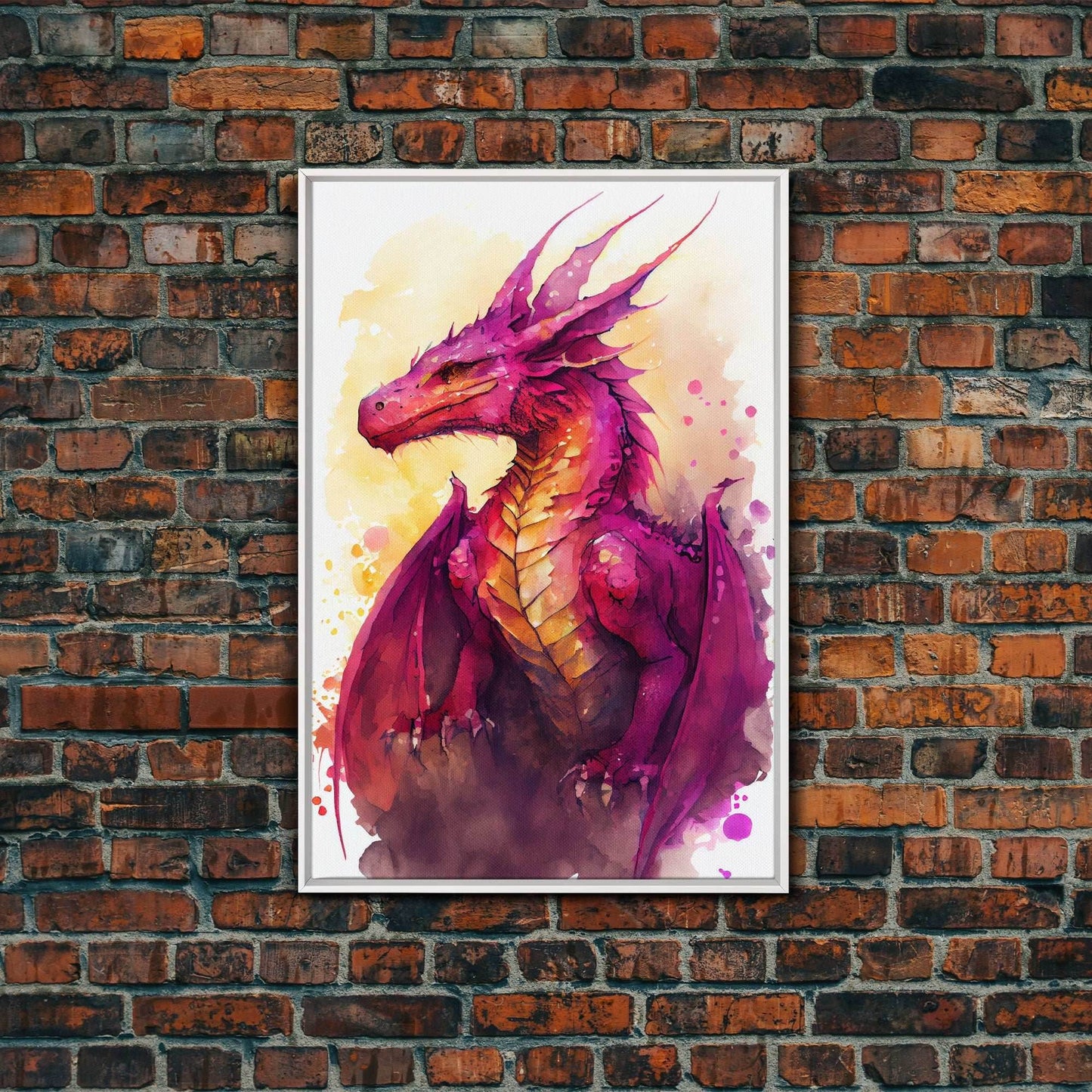 Magenta Purple Watercolor Dragon Fantasy Fine Art Print, Wall Decor, Wall Poster, Wall Art Print - 8x12 Inches / White Frame