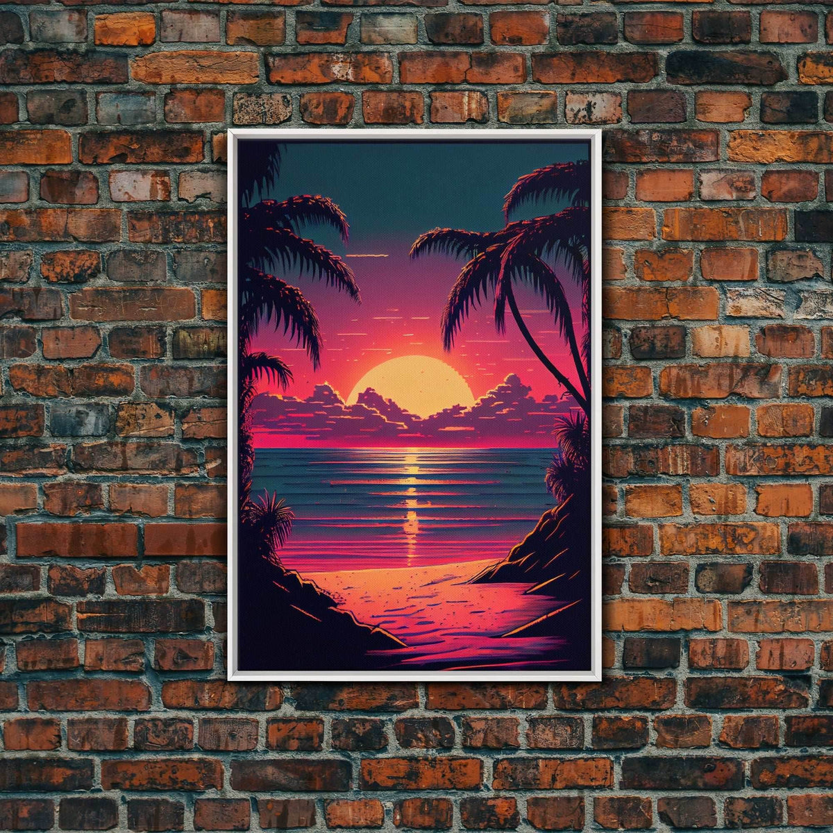 8 bit pixel art sunset, synthwave style palm tree beach, framed canvas print, framed wall art painting - 8x12 Inches / White Frame