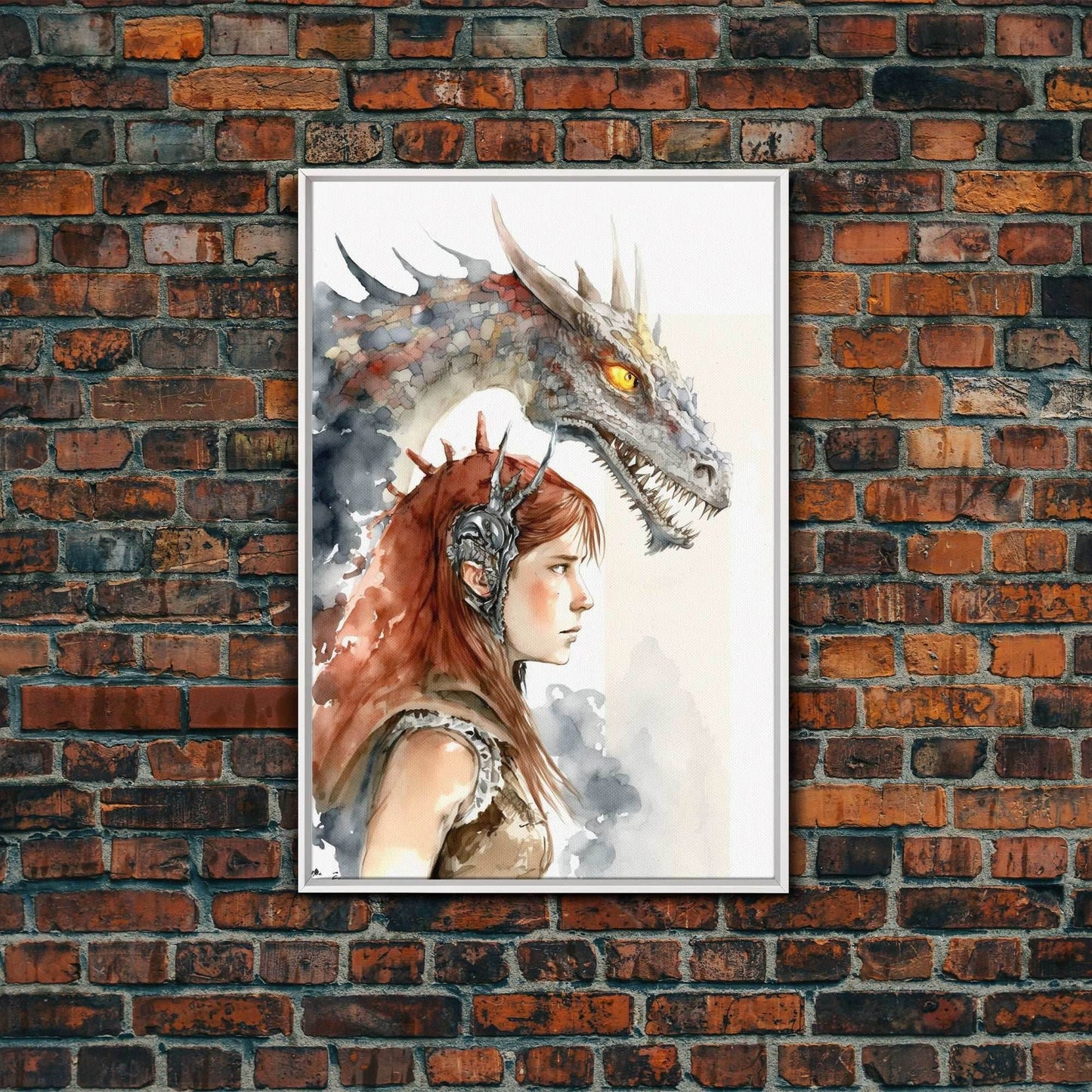 The Dragon Girl, Dragon Painting Canvas Print, Dragon Art, Fantasy Art, Fantasy Painting Wall Art, Girl and Her Dragon, Gamer Gift Wall Deco - 8x12 Inches / White Frame