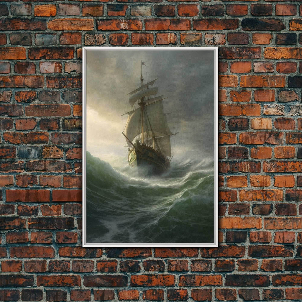 Haunted Pirate Ghost Ship On Rough Seas, Framed Canvas Print, Fantasy Wall Art, Wall Decor, Pirate Wal Art, Gift For Him, Kid's Room - 8x12 Inches / White Frame
