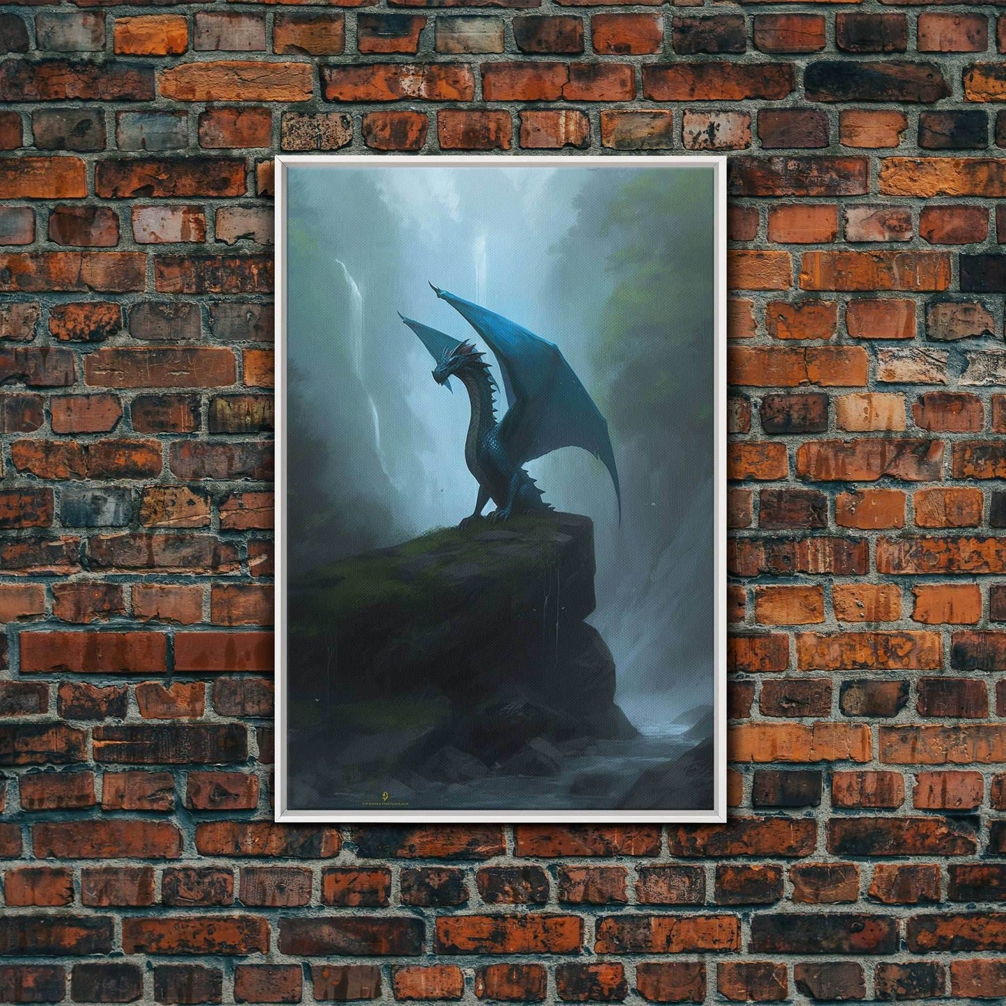 Majestic Forest Dragon Wall Art, Framed Canvas Print, Dragon Fantasy Painting, Forest Dragon Behind Secret Waterfalls Abstract Fantasy Art - 8x12 Inches / White Frame