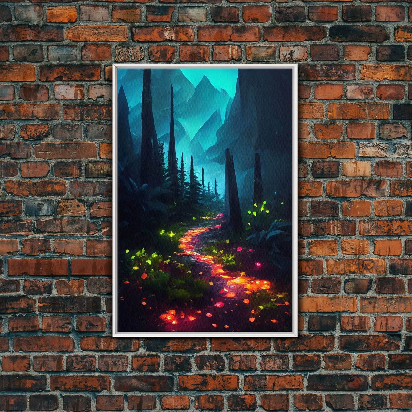 Luminescent magical forest canvas print, glowing trail though the trees, fantasy art - 8x12 Inches / White Frame