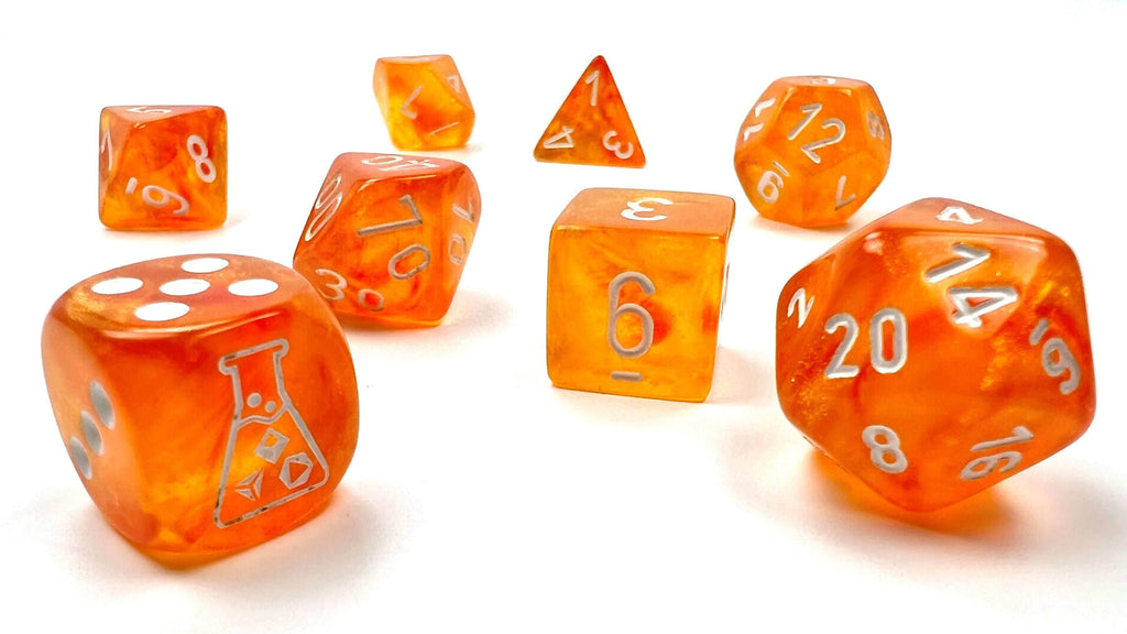 Borealis® Polyhedral Blood Orange/white Luminary™ 7-Die Set (with bonus die) - 