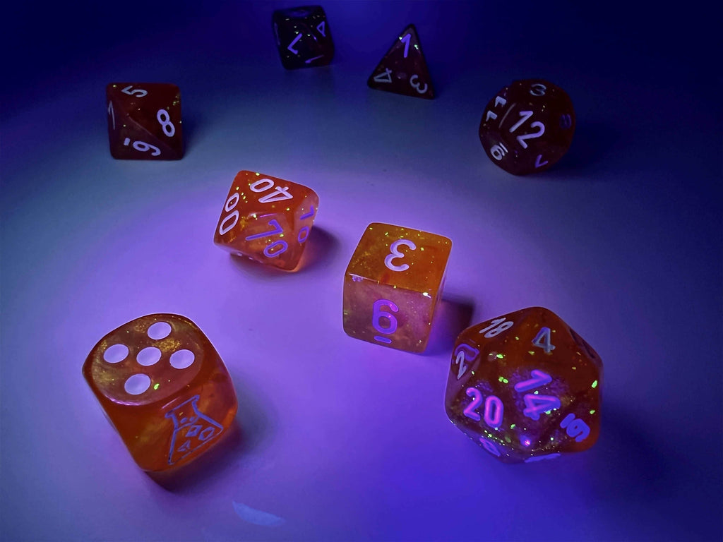 Borealis® Polyhedral Blood Orange/white Luminary™ 7-Die Set (with bonus die) - 