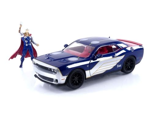 2015 Dodge Challenger SRT Hellcat Dark Blue with Graphics and Red Interior and Thor Diecast Figure "The Mighty Thor" "Marvel" Series 1/24 Diecast Model Car by Jada