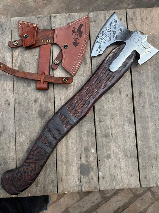 Hand Engraved Viking Double-Bit Axe with Carved Hardwood Handle and Norse Rune Detailing | Handmade Damascus Steel Collector Axe | JW SteelCrafts