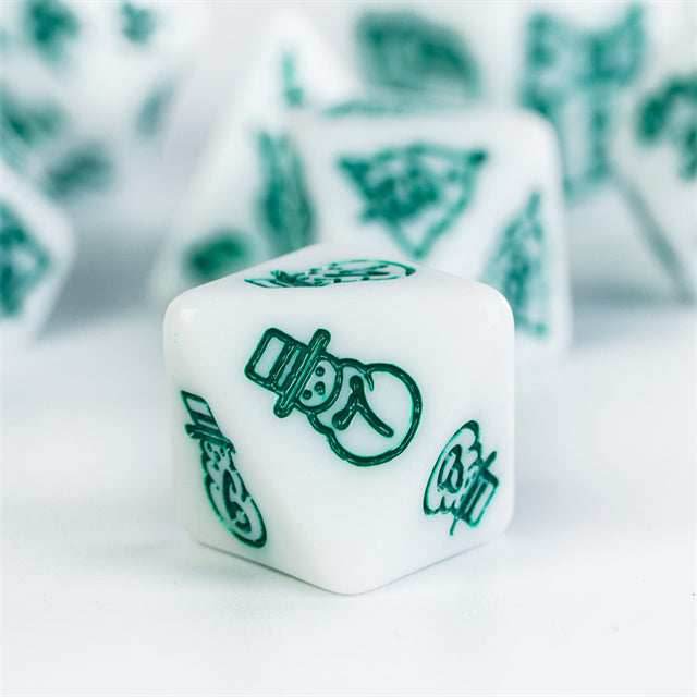 White Christmas Dice w/Green Presents Trees Snowman Holiday Festive - 