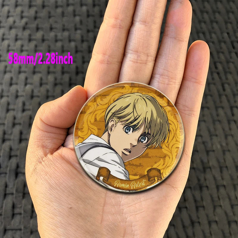 32/44/58mm Attack on Titan Badge Handmade Cartoon Brooches Eren Levi Armin Arlert Erwin Lapel Pin Backpack Hat Bag Decoration