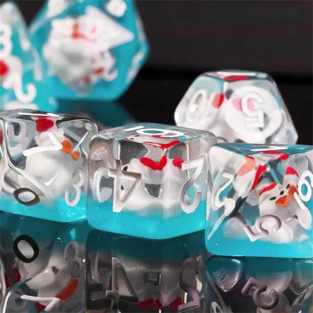White Duck Red Hat on Blue 7-Dice Set w/White Numbers Dnd Dice Set - 