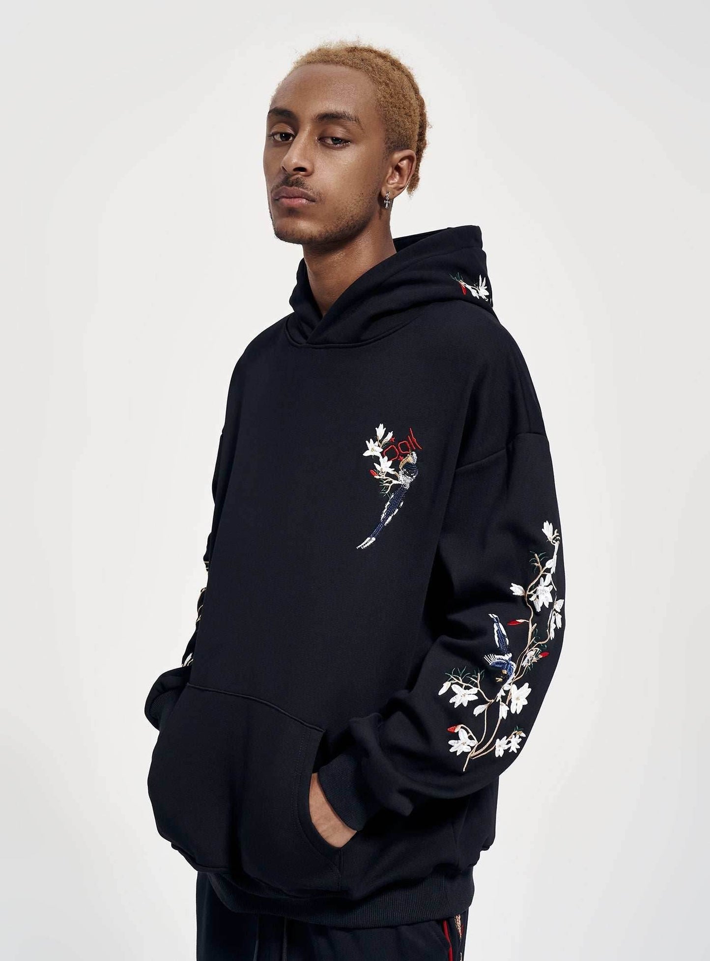 KH9083 Flowers Embroidery Hoodie - Black / S