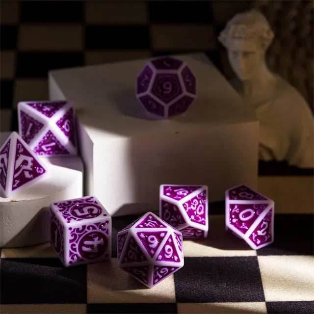 White with Purple rregular Pattern Fill: 7-Piece Acrylic Dice Set - 