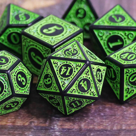 Green Magic Flame 7-Dice Set DND RPG Dice Black w/Color Fill - 