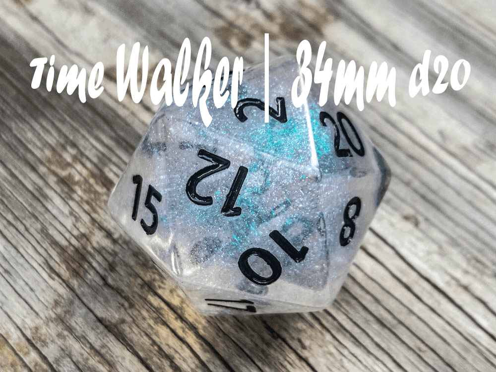 The Time Walker | Clear Glitter 34mm d20 CHONK RPG Dice Set w/Black - 