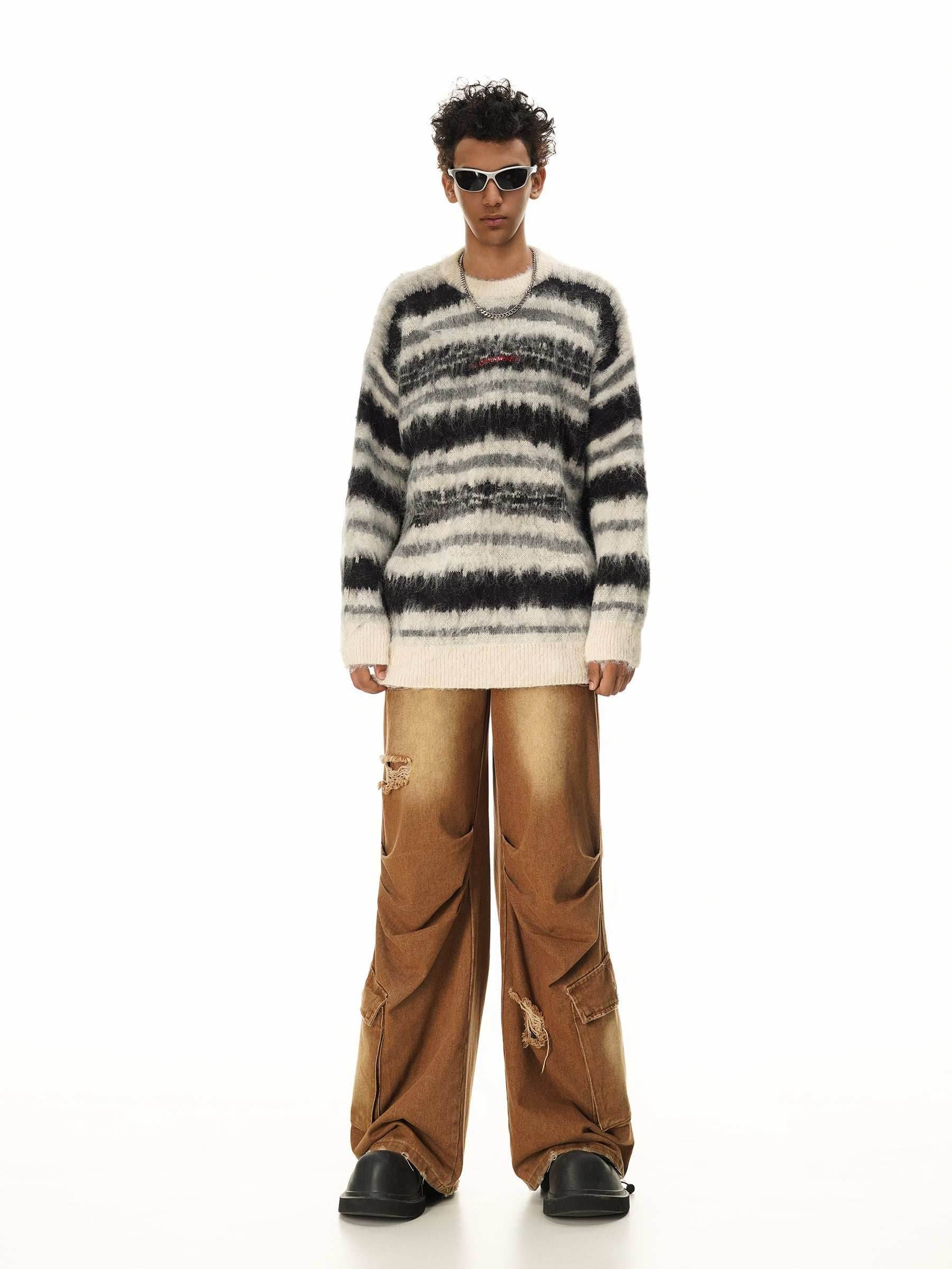 Cream and Black Striped Knit Sweater - S