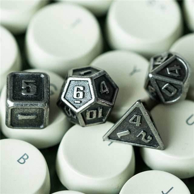 Silver Mini Metal Dice Ancient Effect | (10mm to 15mm) 7-Dice Udixi RPG - 