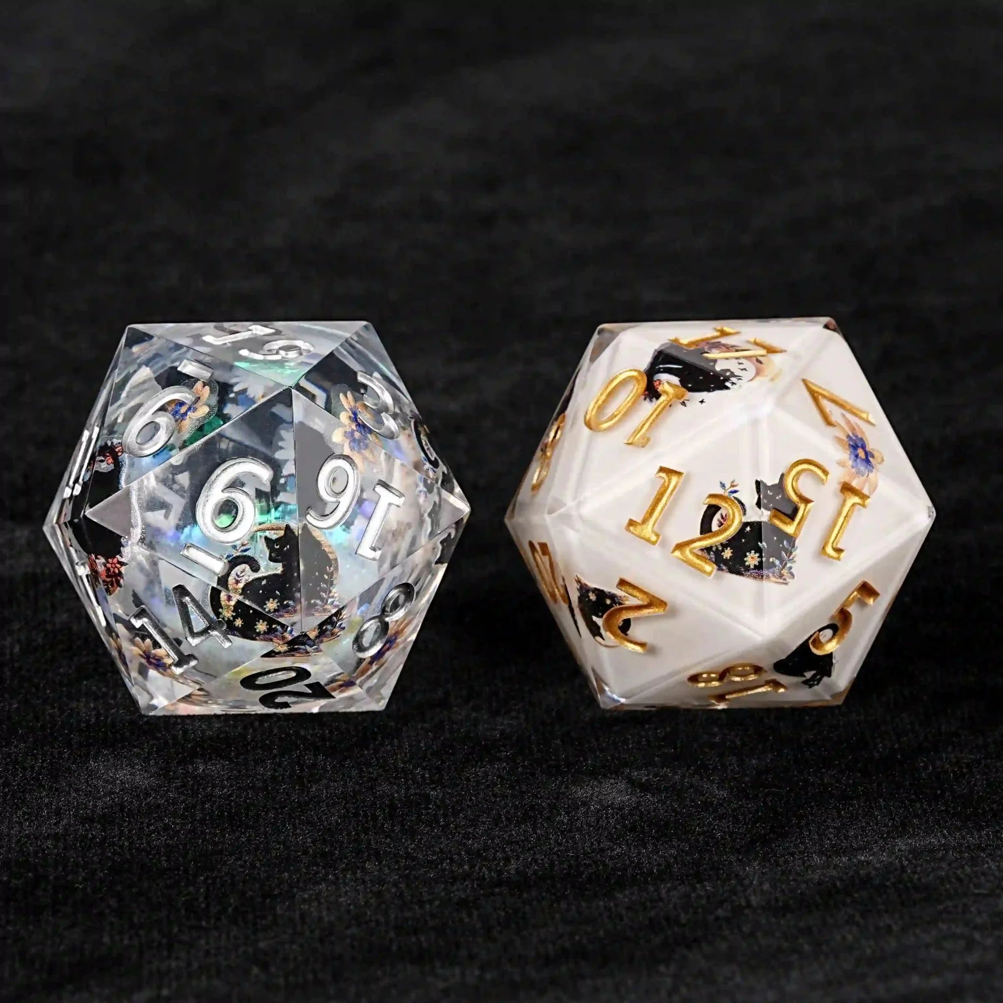 Garden Cat - 35mm Cream D20 Resin Dice and Colored Glitter Liquid Core D20 Dice