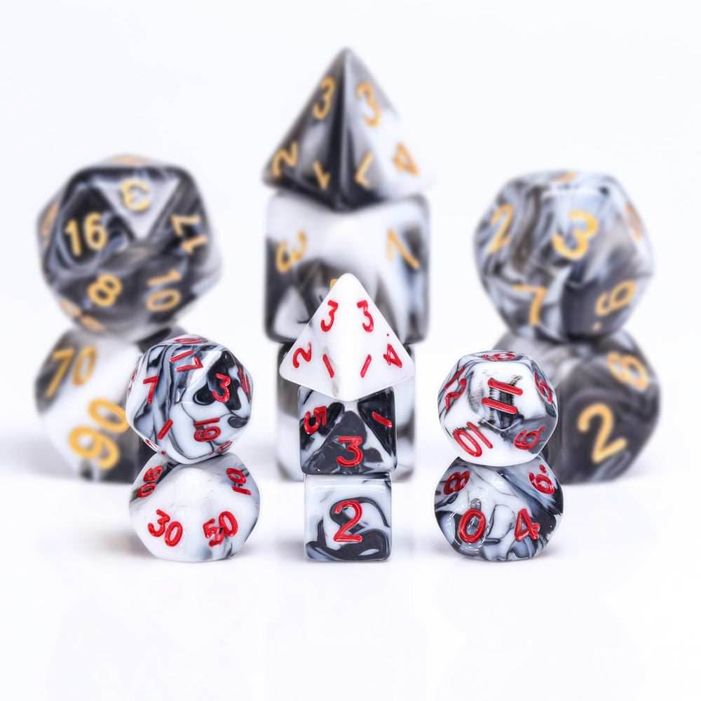 Black-White Blend 7-Dice Mini-Dice RPG Set w/Red Numbers Miniature Dice - 