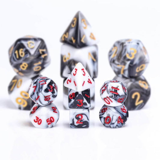 Black-White Blend 7-Dice Mini-Dice RPG Set w/Red Numbers Miniature Dice - 