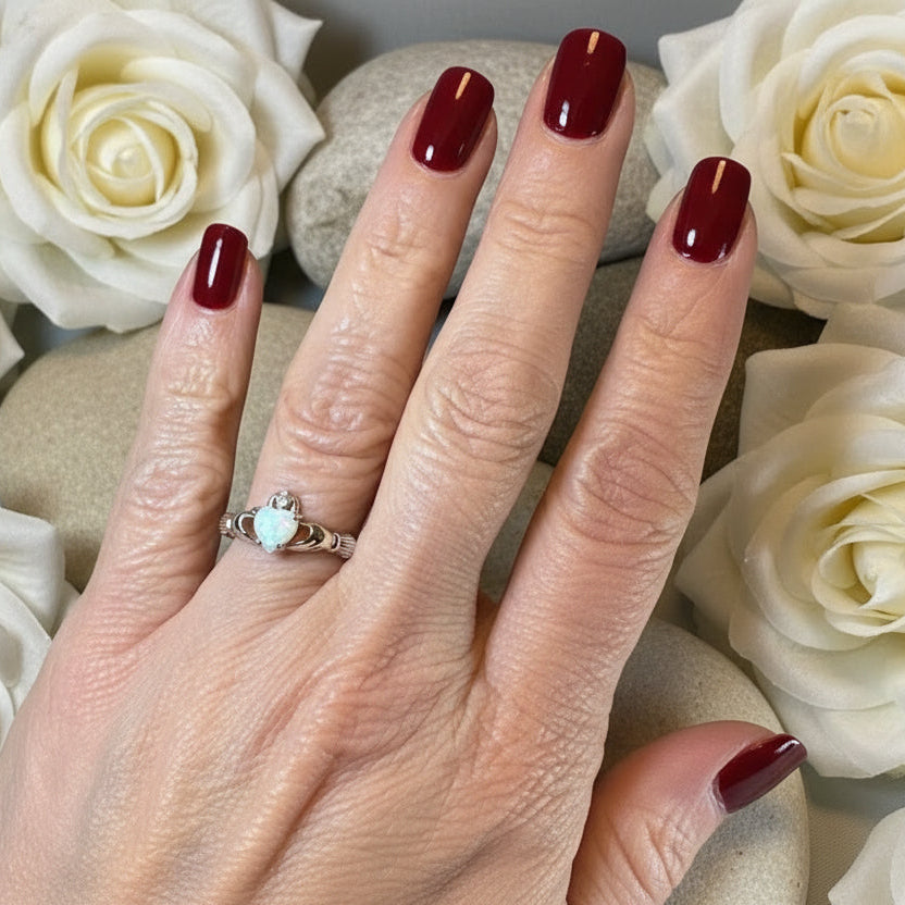 White Fire Opal Claddagh Ring