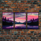 Starry Night Magical Forest Fantasy Landscape, 3 Piece Wall Art, Ready To Hang Canvas Print, Cool Living Room Wall Art Decor - 8x12 In. - 3 Pieces / Black Frame