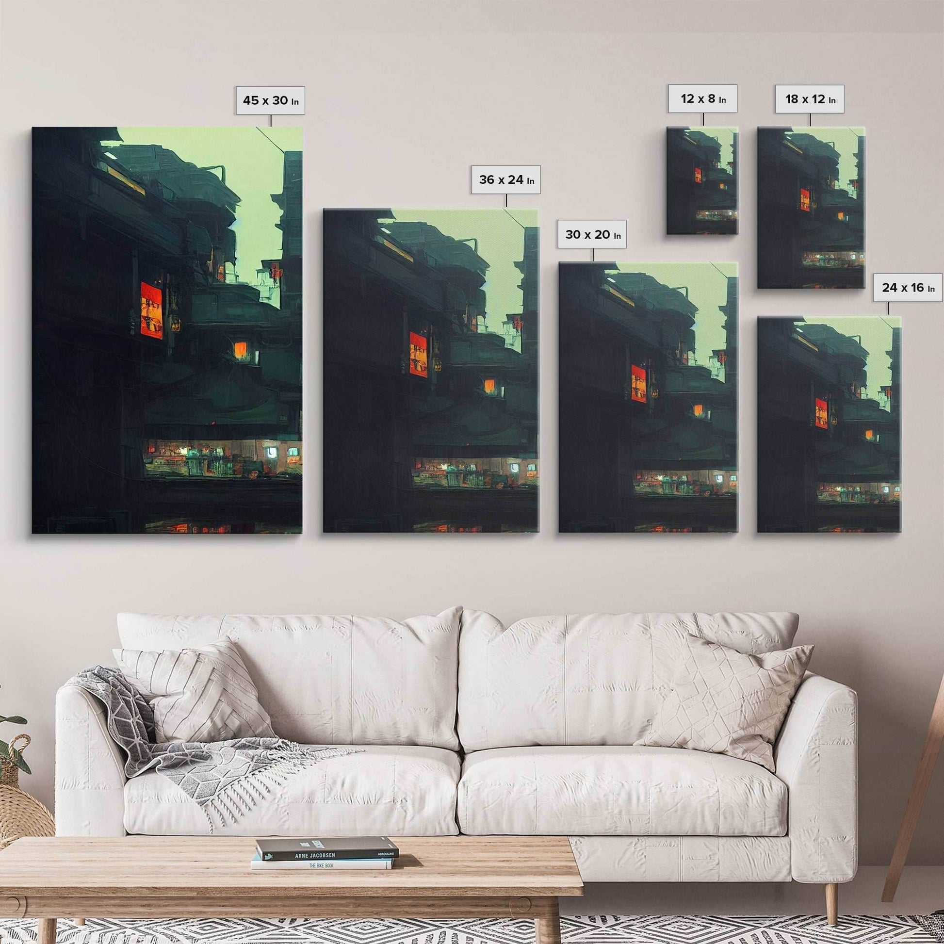 80s Style Cyberpunk Tokyo, Retrofuturism, Dystopian art, 3 piece wall art, 3 piece canvas print - 8x12 In. - 3 Pieces / Stretched Canvas