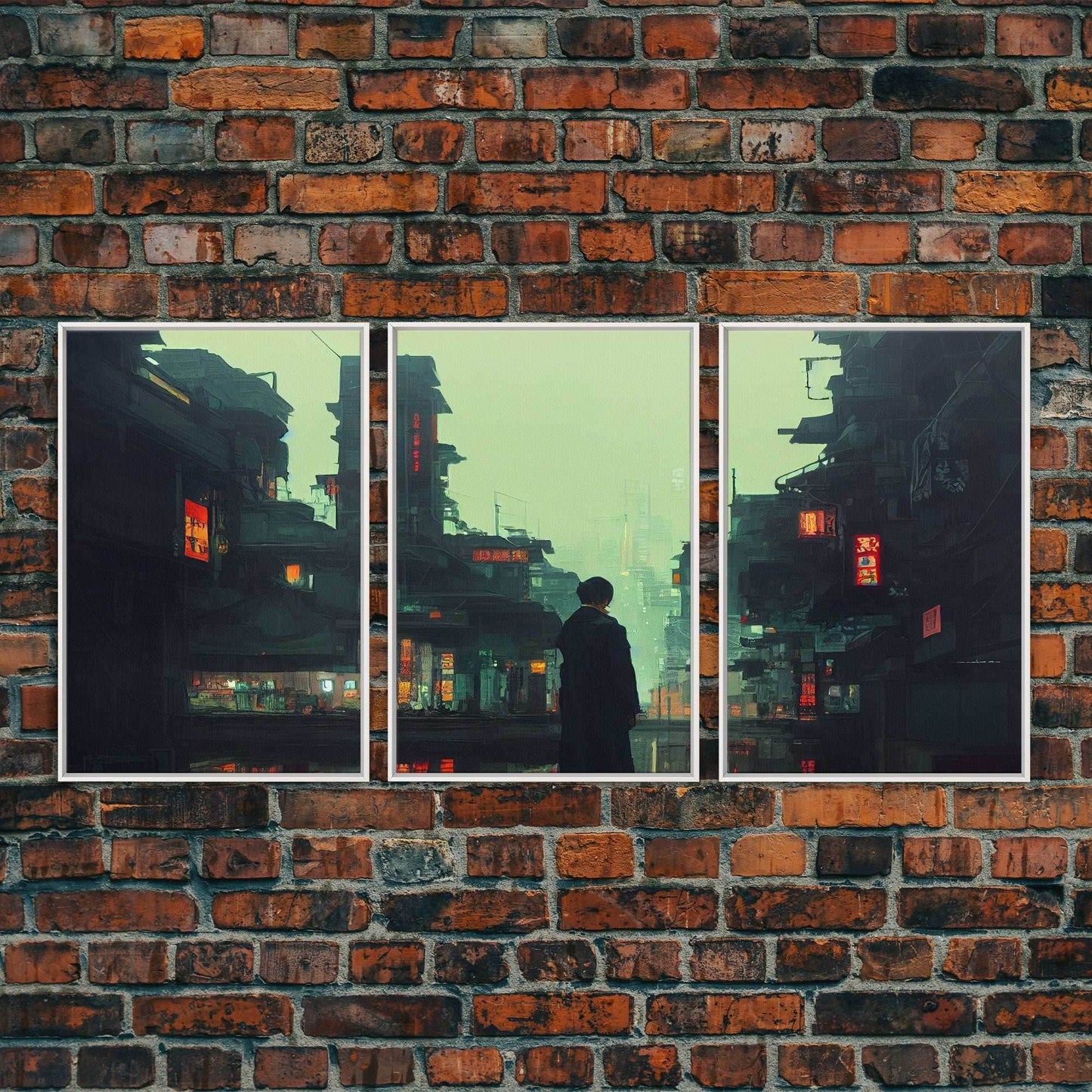 80s Style Cyberpunk Tokyo, Retrofuturism, Dystopian art, 3 piece wall art, 3 piece canvas print - 8x12 In. - 3 Pieces / White Frame