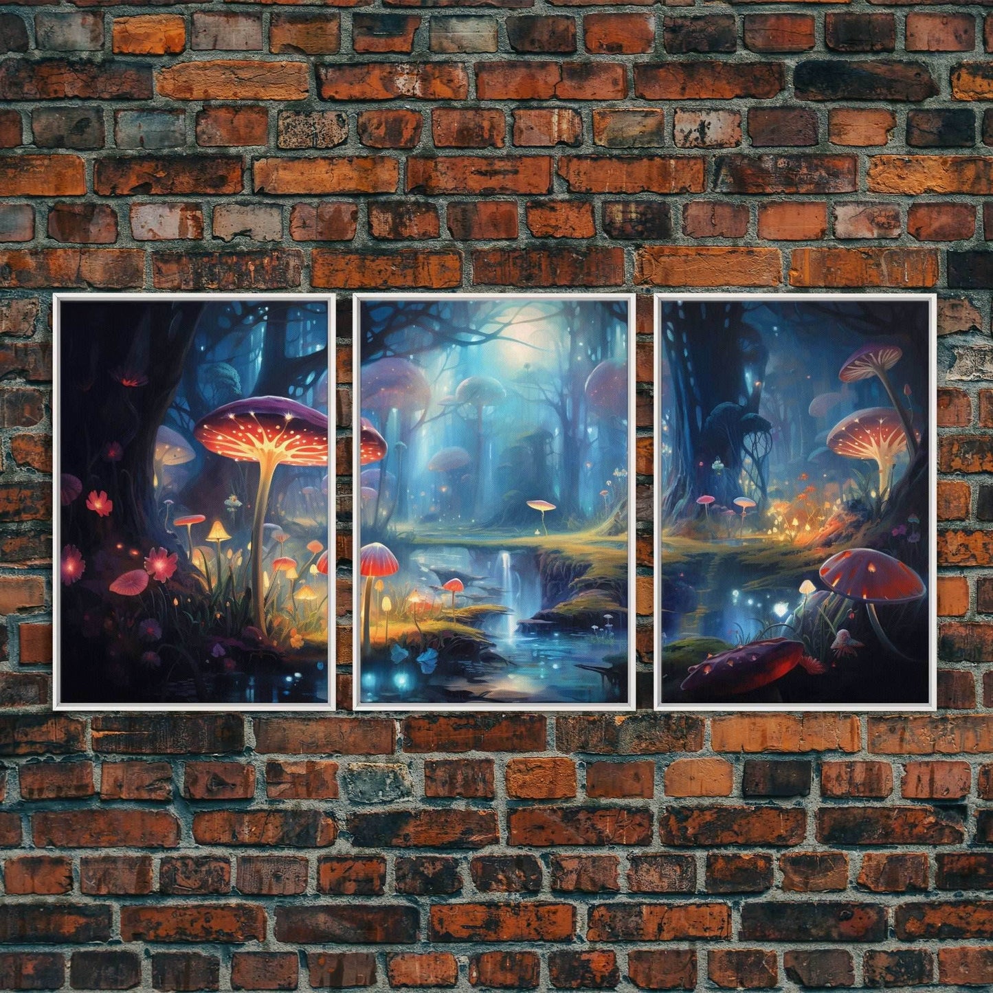 Magical dark forest art print on canvas, fantasy forest, oil style painting, large landscape wall art for home, ready to hang, 3 Piece Art - 8x12 In. - 3 Pieces / White Frame