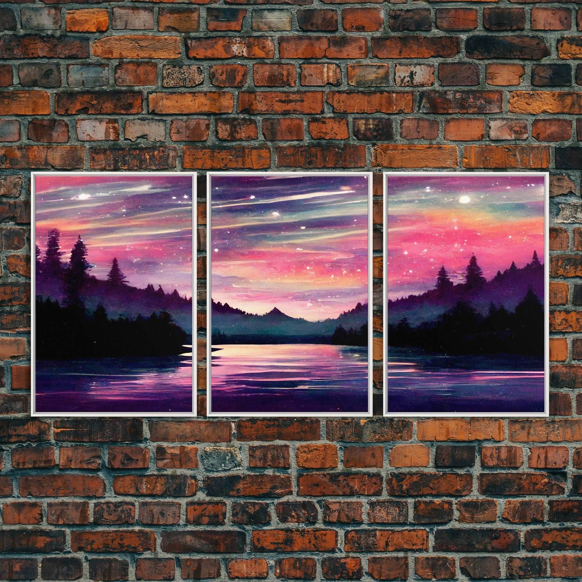 Starry Night Magical Forest Fantasy Landscape, 3 Piece Wall Art, Ready To Hang Canvas Print, Cool Living Room Wall Art Decor - 8x12 In. - 3 Pieces / White Frame