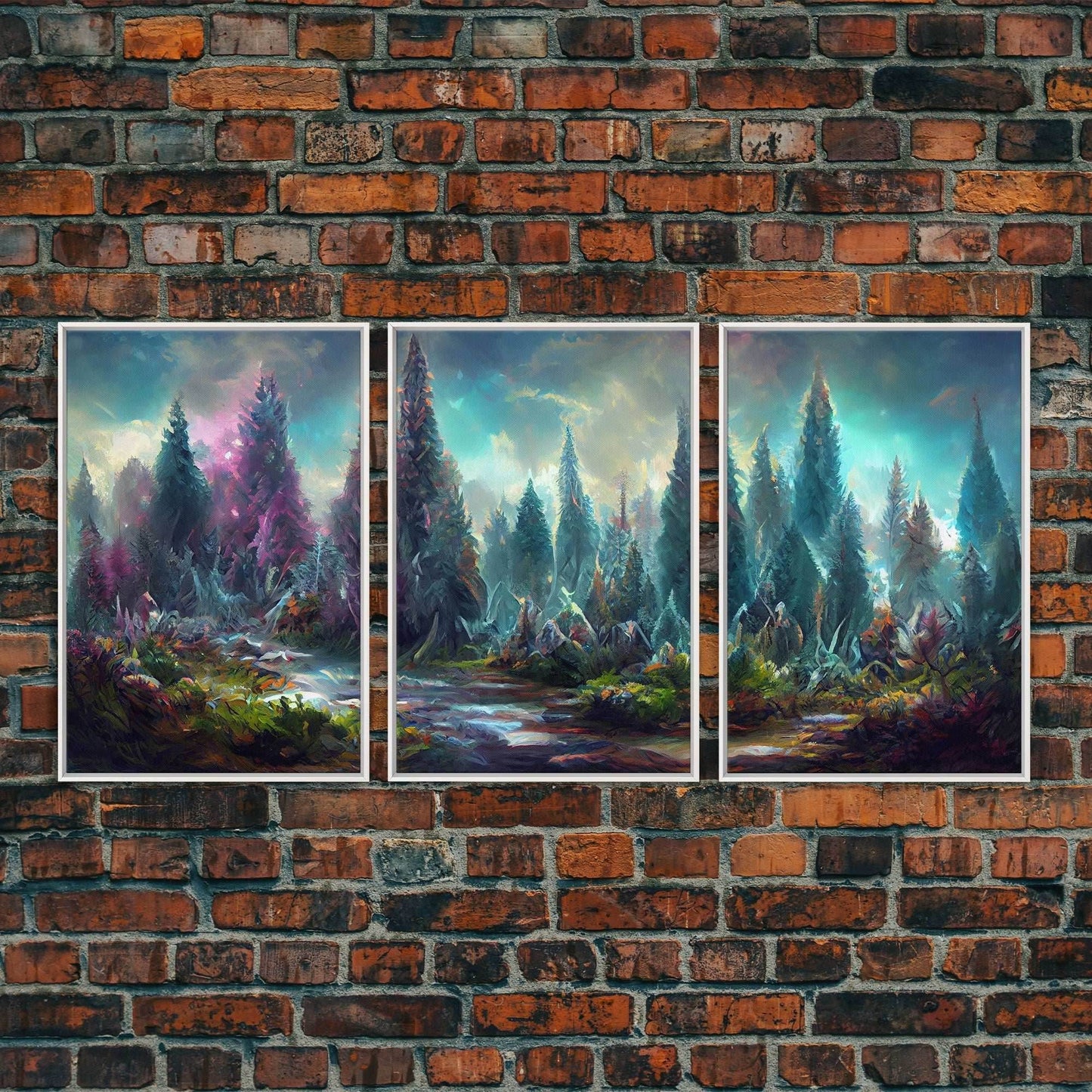 High Fantasy Forest Wall Art, Panoramic Art, Fantasy RPG Concept Art, 3 Piece Wall Art, Ready To Hang Canvas Print - 8x12 In. - 3 Pieces / White Frame