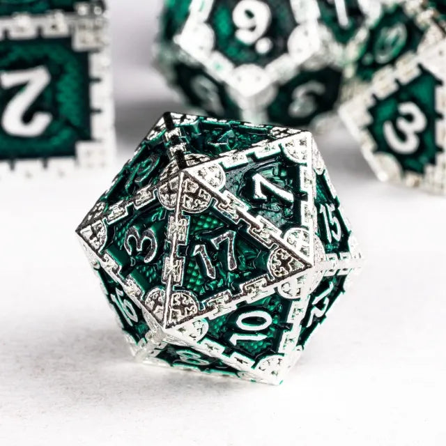 Silver Green Dragon Metal Dice Set