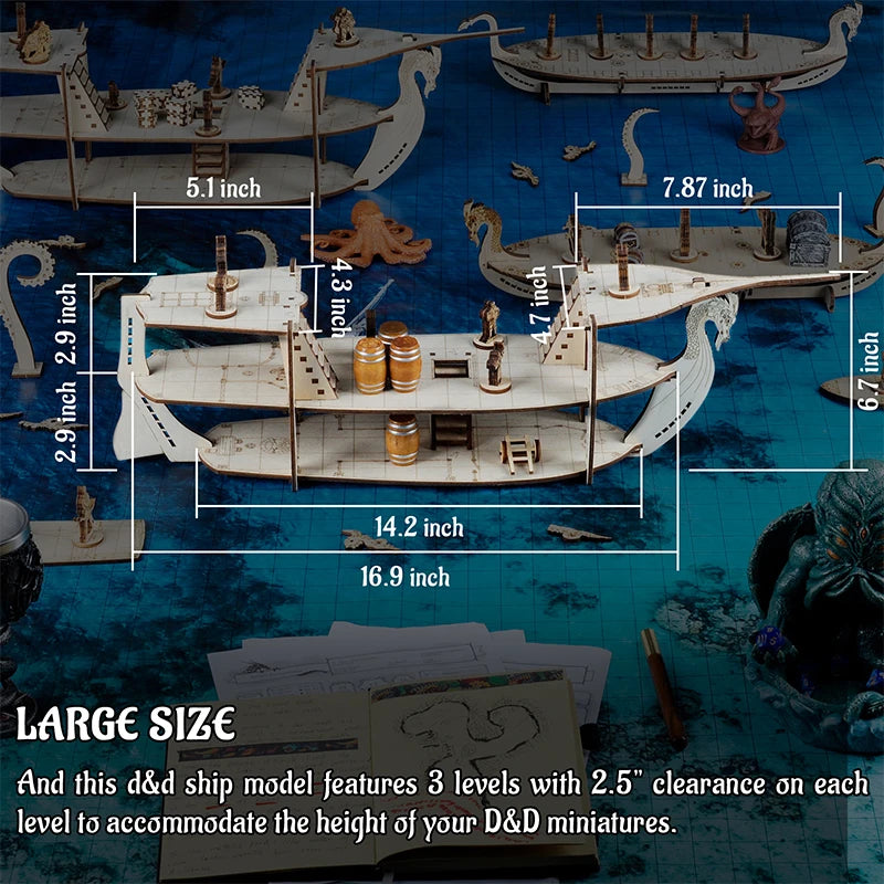 3D RPG Miniatures Ship Wood Laser Cut, 3-Level with 1" Grid Battle Terrain Map Perfect for D&D, Pathfinderor Other Tabletop Game