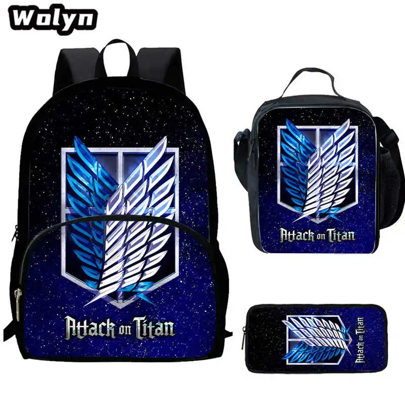 3Pcs Set Attack On Anime Titan School Backpack with Lunch Bags Pencil Case ,Cartoon School Bags for Boys Girls ,Kids Booksbags