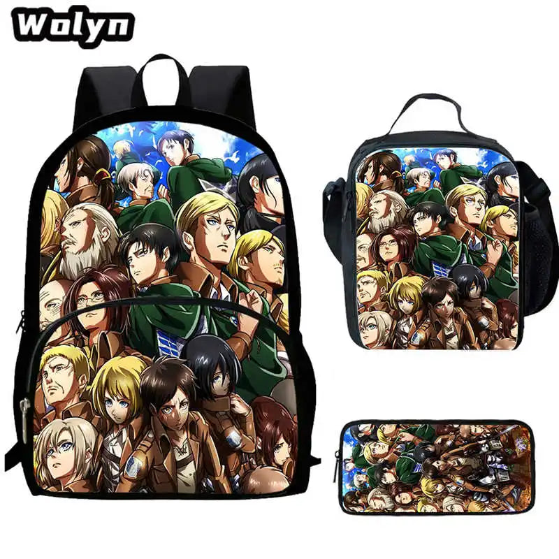 3Pcs Set Attack On Anime Titan School Backpack with Lunch Bags Pencil Case ,Cartoon School Bags for Boys Girls ,Kids Booksbags