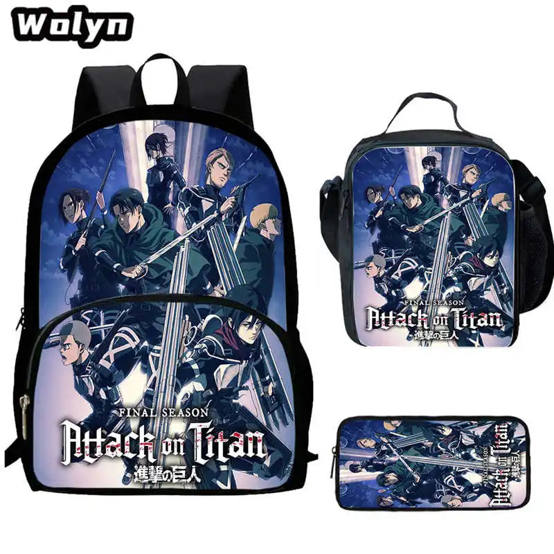 3Pcs Set Attack On Anime Titan School Backpack with Lunch Bags Pencil Case ,Cartoon School Bags for Boys Girls ,Kids Booksbags