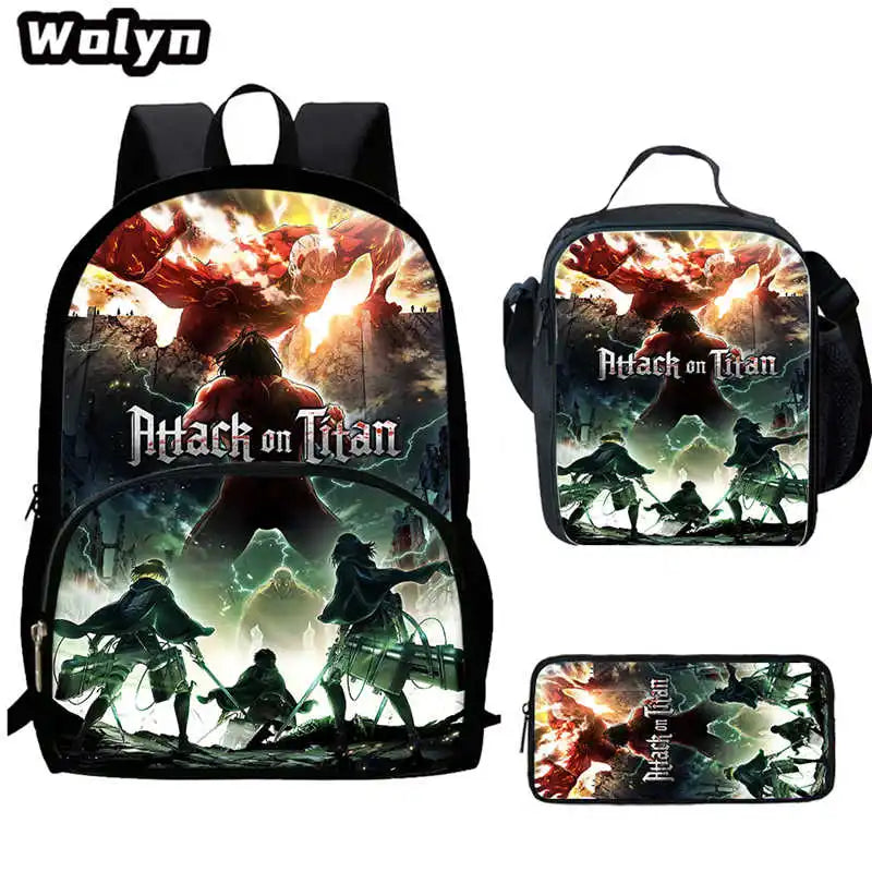 3Pcs Set Attack On Anime Titan School Backpack with Lunch Bags Pencil Case ,Cartoon School Bags for Boys Girls ,Kids Booksbags