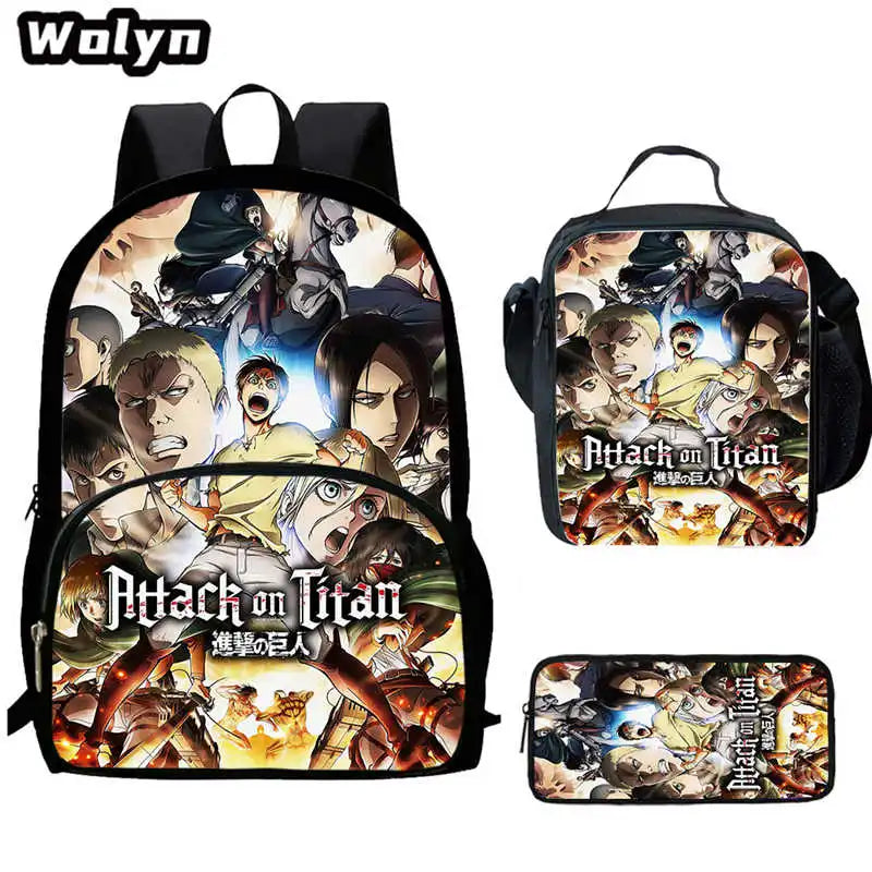 3Pcs Set Attack On Anime Titan School Backpack with Lunch Bags Pencil Case ,Cartoon School Bags for Boys Girls ,Kids Booksbags