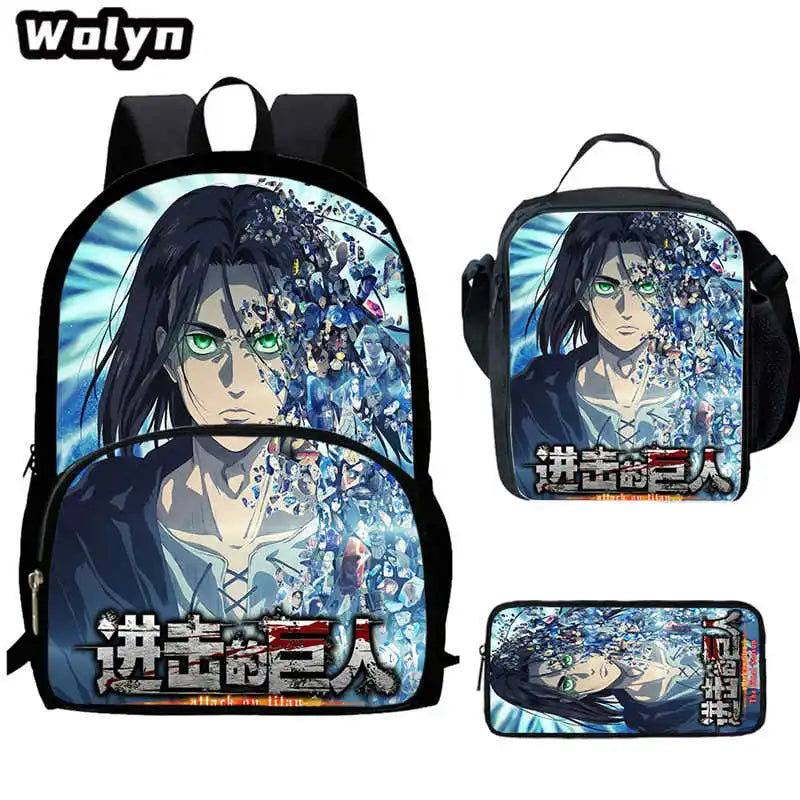 3Pcs Set Attack On Anime Titan School Backpack with Lunch Bags Pencil Case ,Cartoon School Bags for Boys Girls ,Kids Booksbags