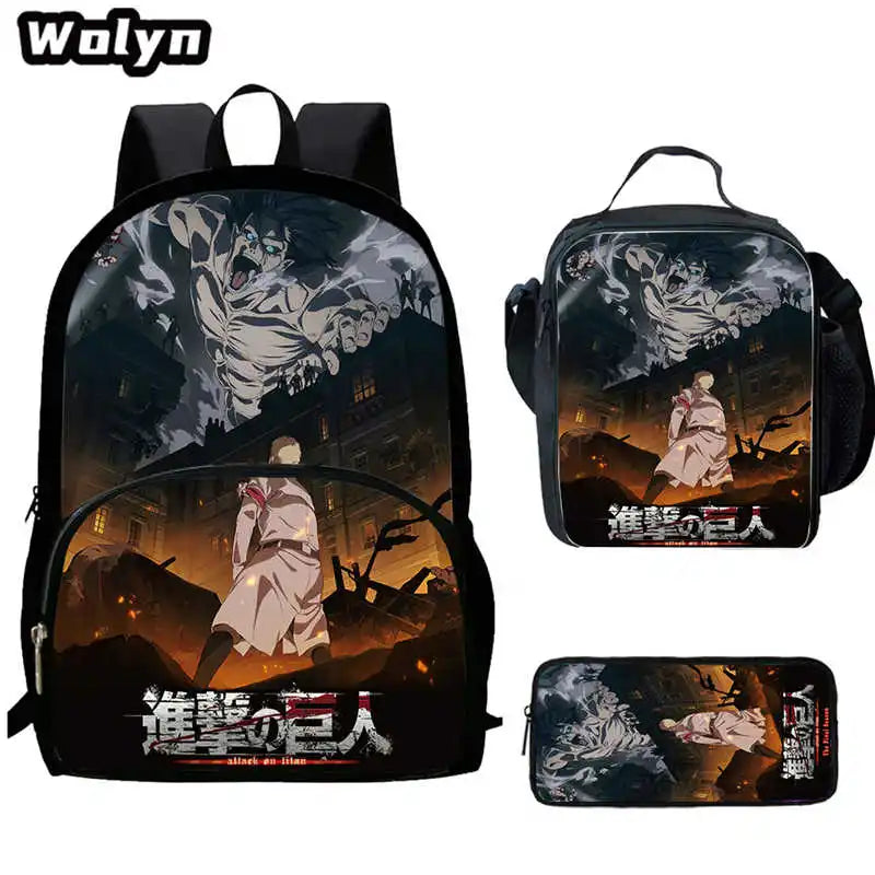 3Pcs Set Attack On Anime Titan School Backpack with Lunch Bags Pencil Case ,Cartoon School Bags for Boys Girls ,Kids Booksbags