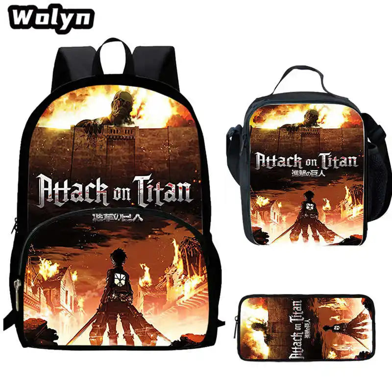 3Pcs Set Attack On Anime Titan School Backpack with Lunch Bags Pencil Case ,Cartoon School Bags for Boys Girls ,Kids Booksbags