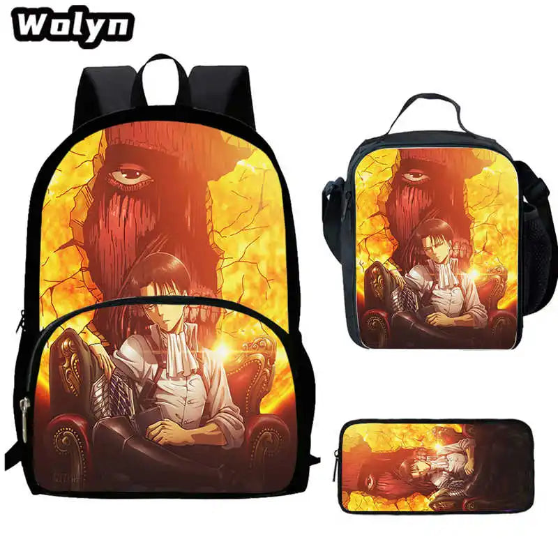 3Pcs Set Attack On Anime Titan School Backpack with Lunch Bags Pencil Case ,Cartoon School Bags for Boys Girls ,Kids Booksbags