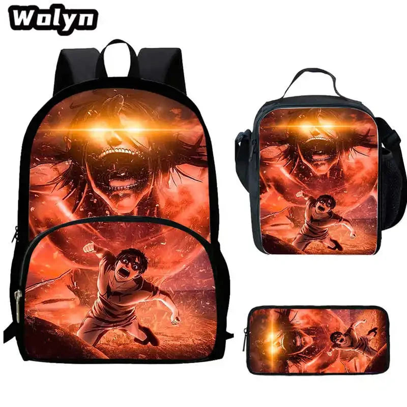 3Pcs Set Attack On Anime Titan School Backpack with Lunch Bags Pencil Case ,Cartoon School Bags for Boys Girls ,Kids Booksbags