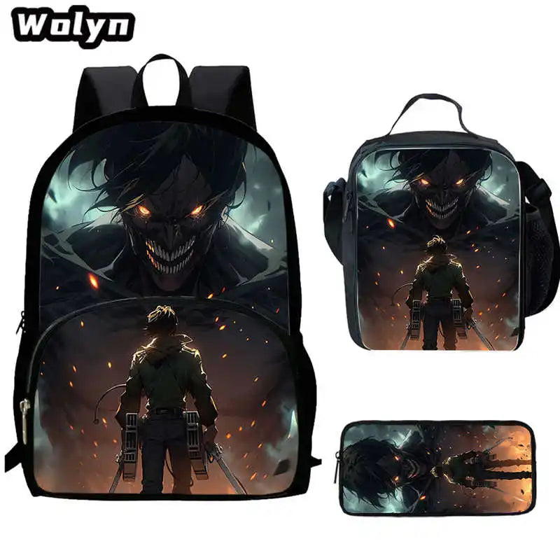 3Pcs Set Attack On Anime Titan School Backpack with Lunch Bags Pencil Case ,Cartoon School Bags for Boys Girls ,Kids Booksbags