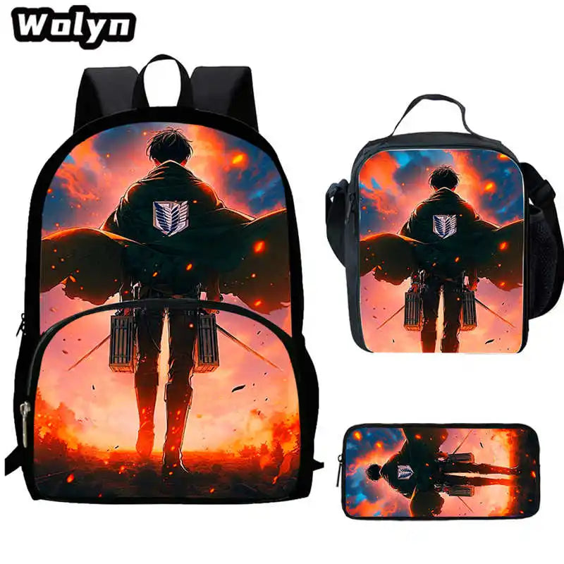 3Pcs Set Attack On Anime Titan School Backpack with Lunch Bags Pencil Case ,Cartoon School Bags for Boys Girls ,Kids Booksbags